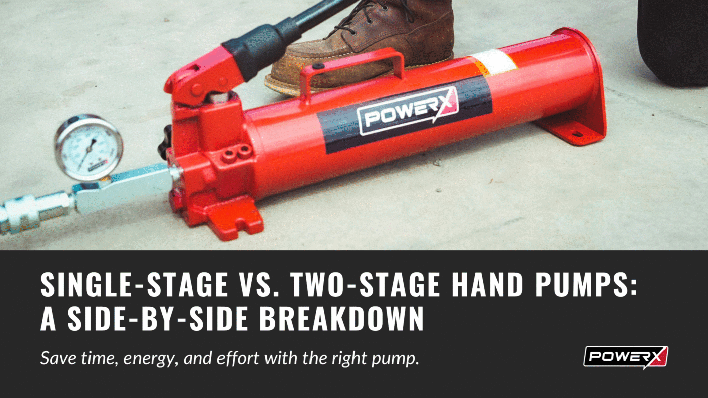 PowerX Hydraulic Hand Pump, equipped with a pressure gauge, sitting on concrete at a jobsite.
