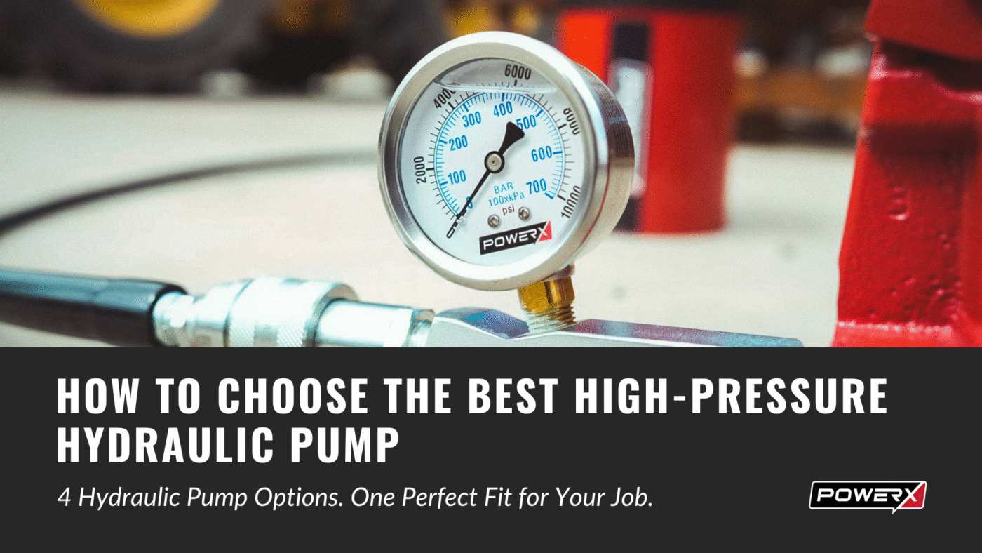 Closeup of a PowerX Pressure Gauge attached to a hydraulic hand pump.